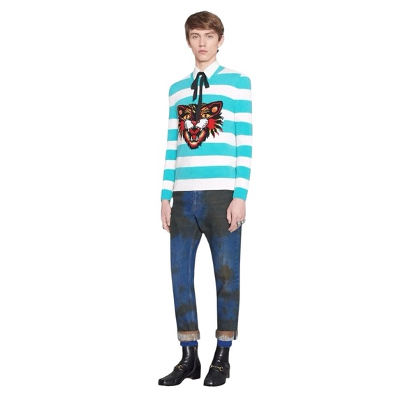 GUCCI Angry Cat-Intarsia Wool Striped Sweater Blue White L - Picture 8 of 12